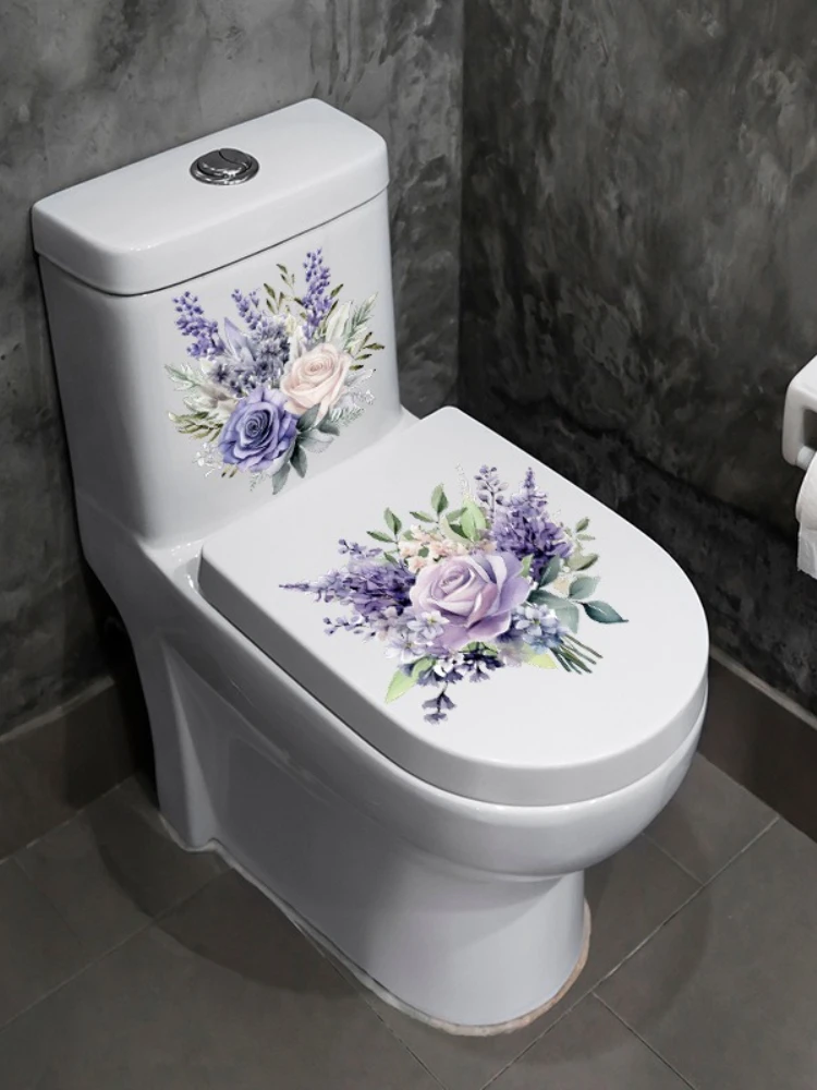 Autocollants de jacinthe de fleur violette, autocollants muraux imperméables pour salle de bains et toilettes, décoration de réservoir d'eau de toilette