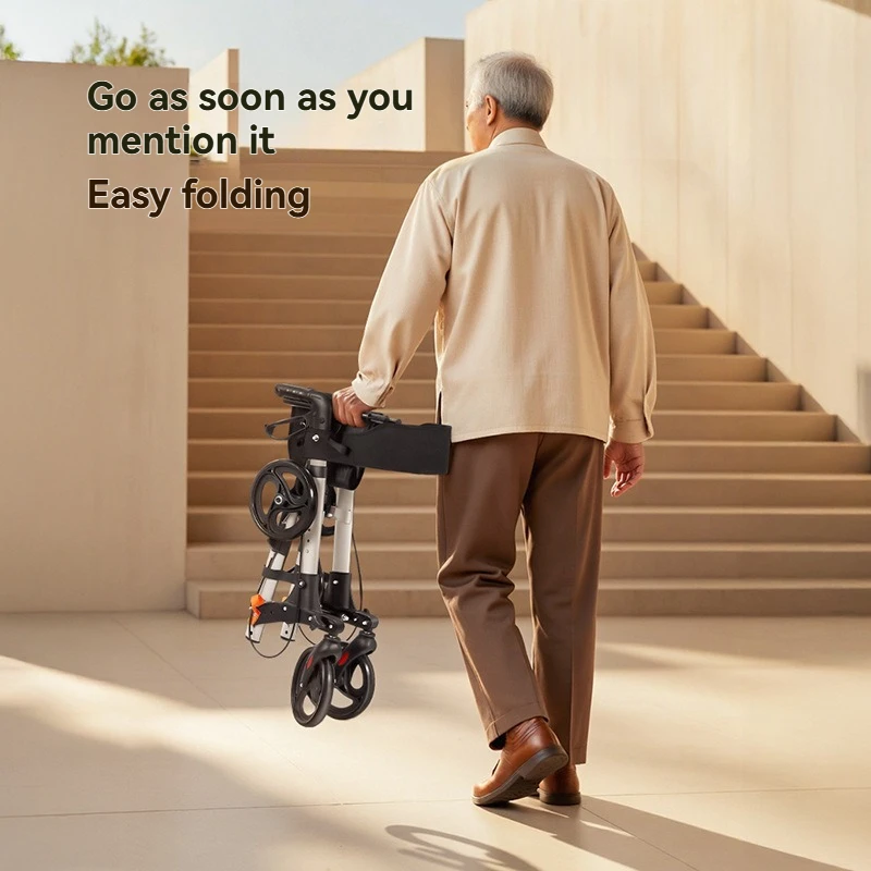 سكوتر مشي لكبار السن متعدد الوظائف قابل للطي، مساعد للقيادة، ارتفاع قابل للتعديل مع جهاز مضاد للسقوط