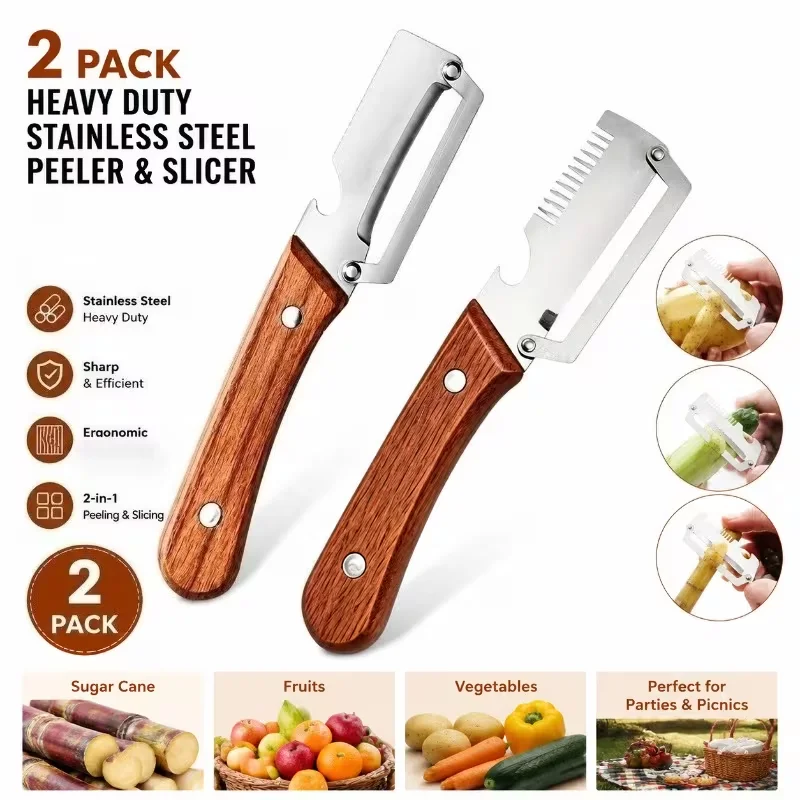 2Pcs Stainless Steel Peeler Slicer, Sugar Cane Fruit Cutter with Bottle Opener, Vegetable Slicer Kitchen Tool for Party Picnic