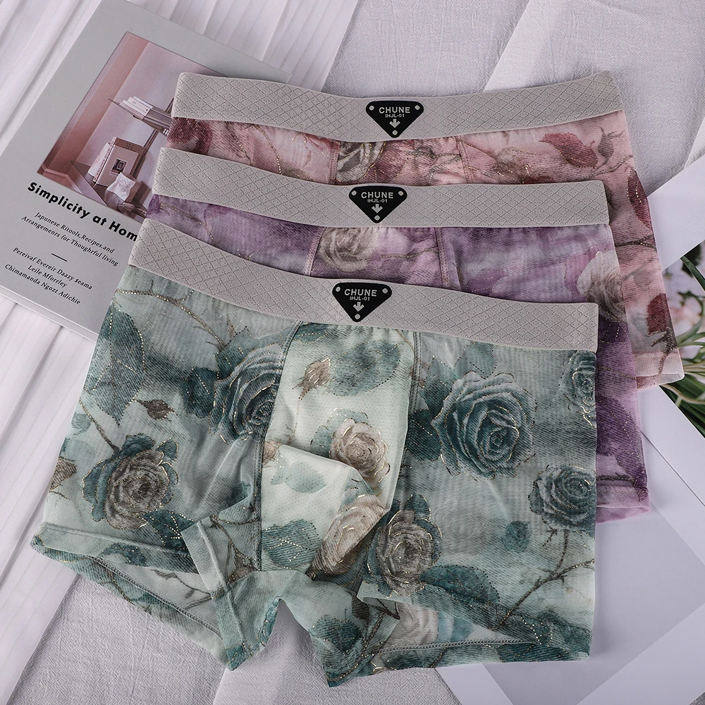 

3PCS/Pack Sexy Rose Print Men's Underwear Ice Silk Cool Mesh Breathable Crotch Boxers Hombre Summer Thin High Elastic Panties