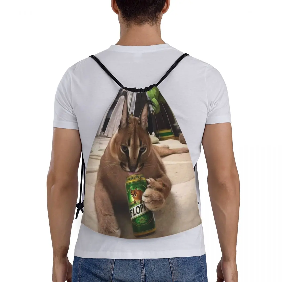 Große Floppa Meme Kordel zug Tasche Frauen Männer faltbare Sport Sport Sackpack lustige Karakal Katze Shopping Rucksäcke