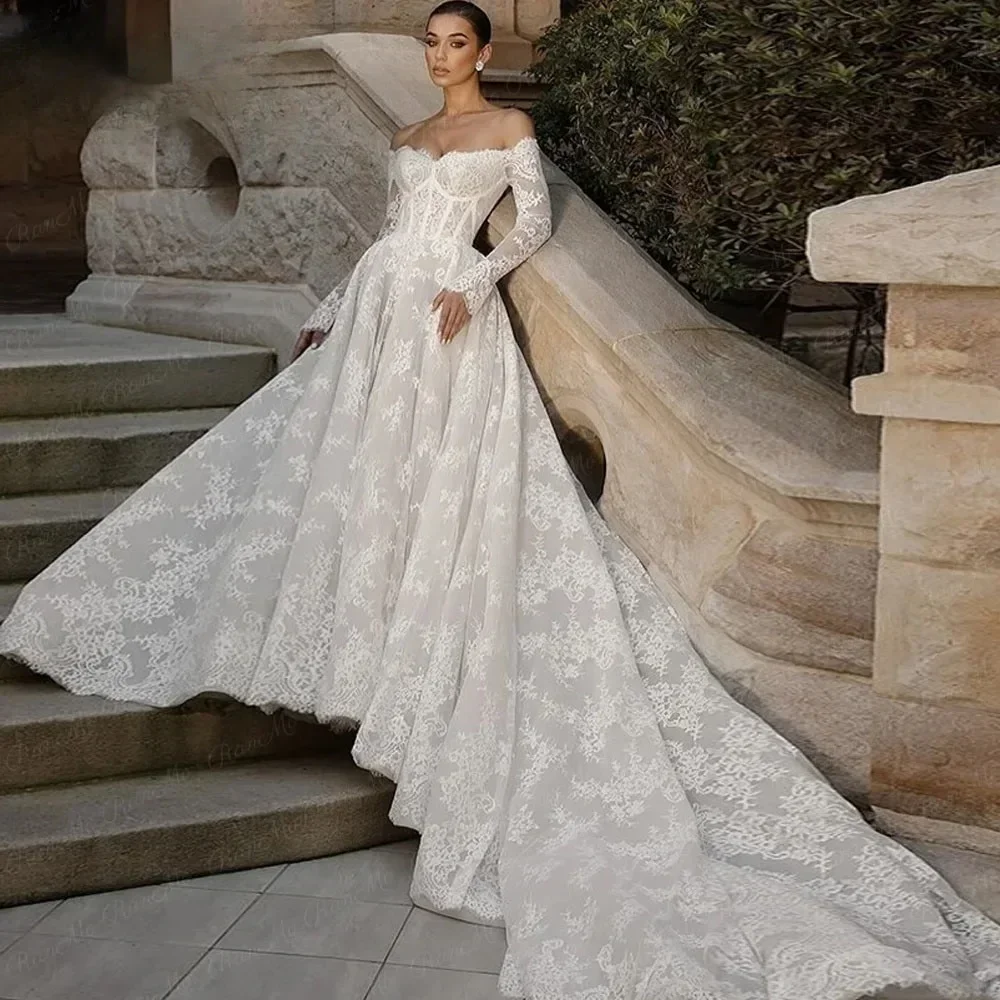 

Luxury A-line Wedding Dress with Lace Applique Long Sleeved Off Shoulder Bridal Gown for Women's Vestdos De Novia Customized