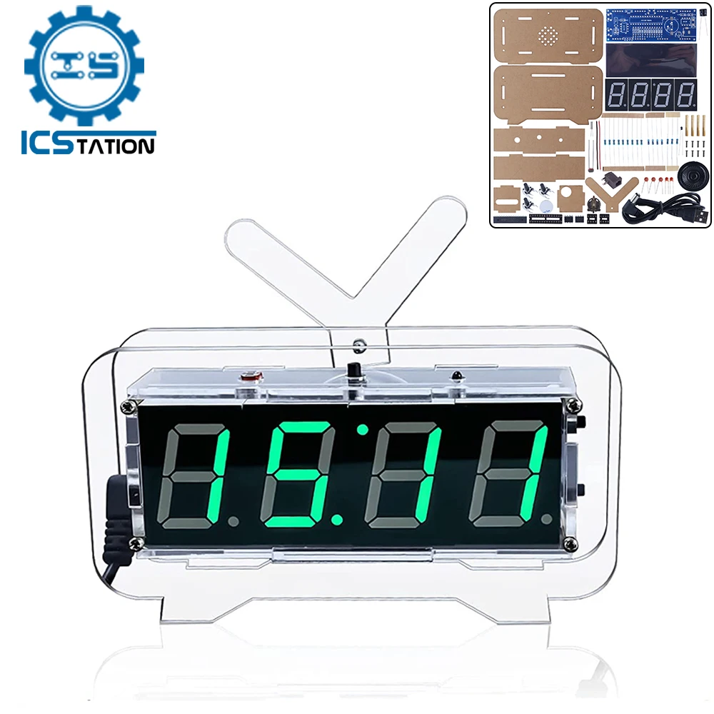 DIY Electronic Kit 4 Digital Alarm Clock LED Music Alarm Green Clock Soldering Project KitTime Date Alarm Temperature Display