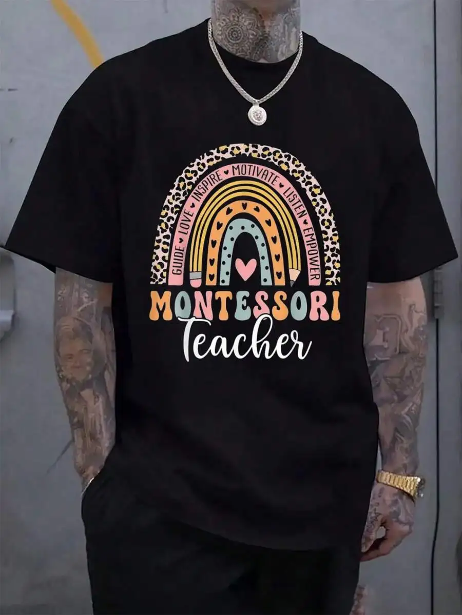 100% Cotton Montessori Teacher Rainbow Leopard Instructor Educator T-Shirt Men's Black Vacation Crew Neck Short Sleeve Holiday T