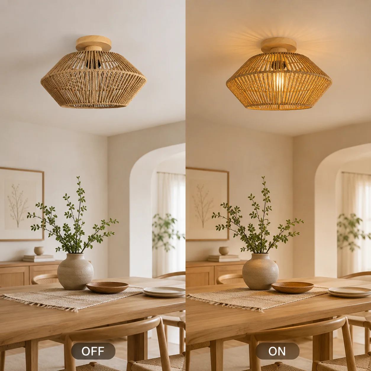 JOYINLED Rattan Lamp Shade, Handwoven Paper Rope Ceiling Light Cover 32CM Boho Style Decorative Lampshade for Bedroom Home Decor
