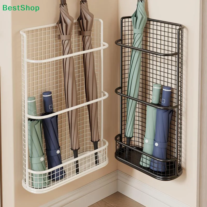 〔Q〕Wall Mounted Umbrella Holder Metal Mesh Storage Rack With Drip Tray For Entryway Organization