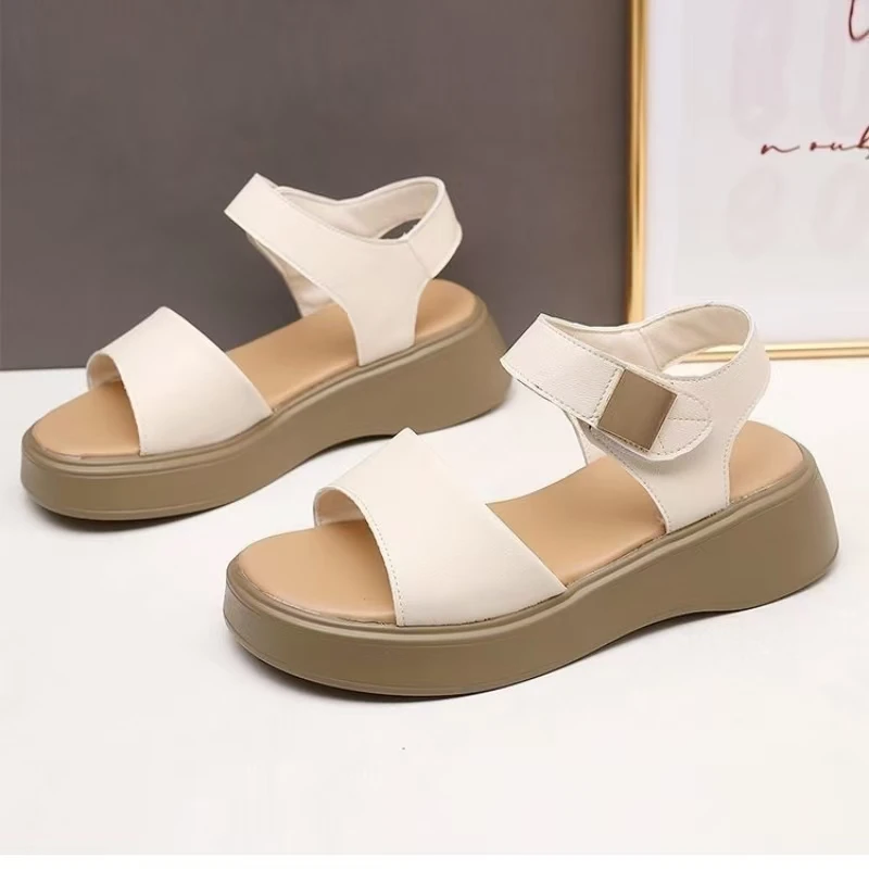 Women's New Summer Leather Flat Sole Open Toe Sandals Thick Sole Non Slip Hook And Loop High-Heeled Sandals Light Elderly Sandal - Image 5