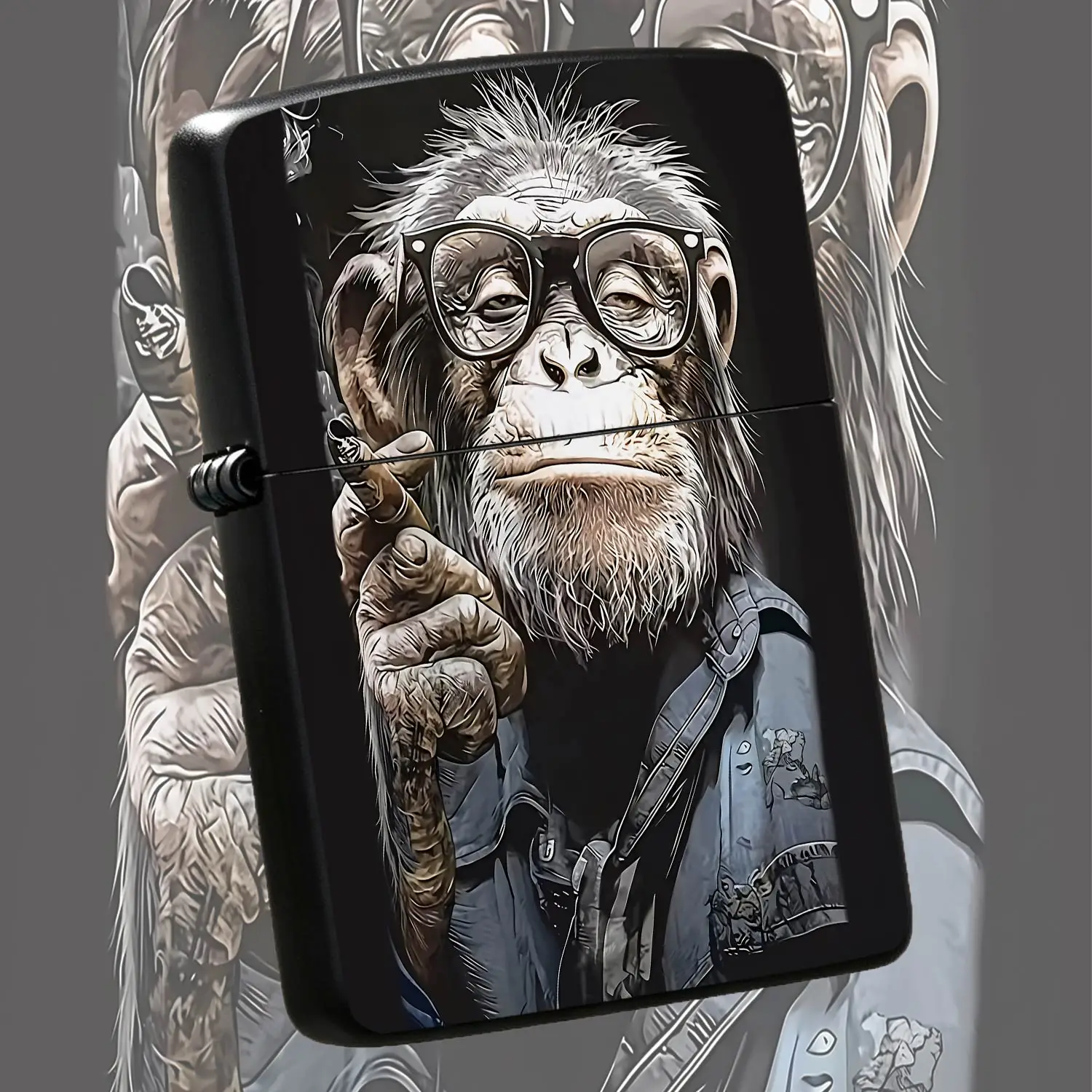 Trendy Cool Chimpanzee Pattern Lighter, Stylish Hip Eyeglass Chimp Design Portable Daily Use Accessory, Unique Fun Animal Themed Practical Present For Friends And Collectors, Reliable Lightweight Carry-On Tool Suitable A Humorous And Intere