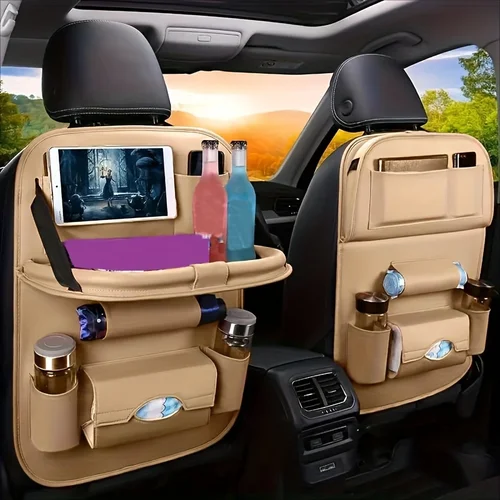 Imagen 1 del producto Organizador de lujo para asiento trasero de coche con mesa plegable, alfombrillas, caja de pañuelos y más - Cuero de Pu