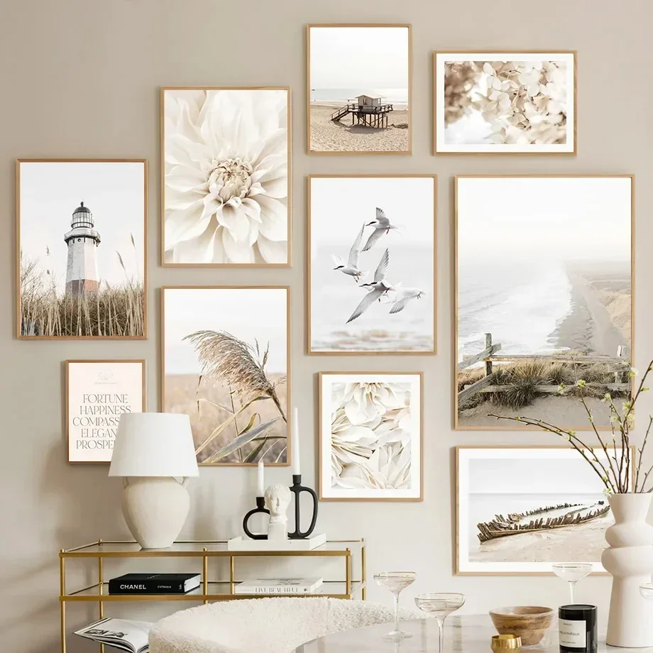 (No frame)Arte de pared de playa, láminas de gaviota, citas de peonía, pintura al óleo del faro, póster Beige e impresiones,
