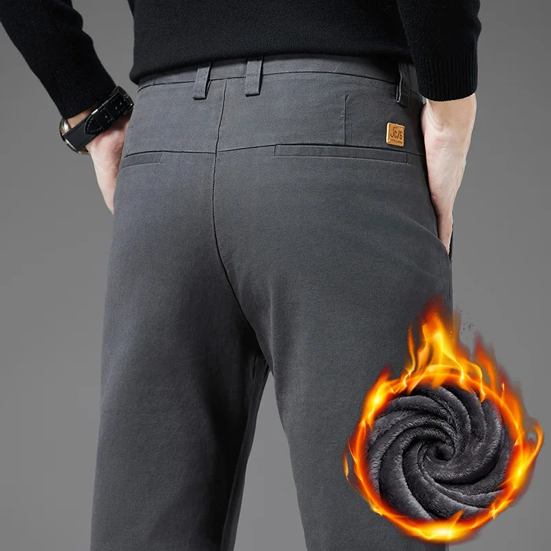 Winter Thickened Men's Velvet Casual Pants Fleece Warm Fashion Solid Color Straight Elastic Male Business Plush Pants