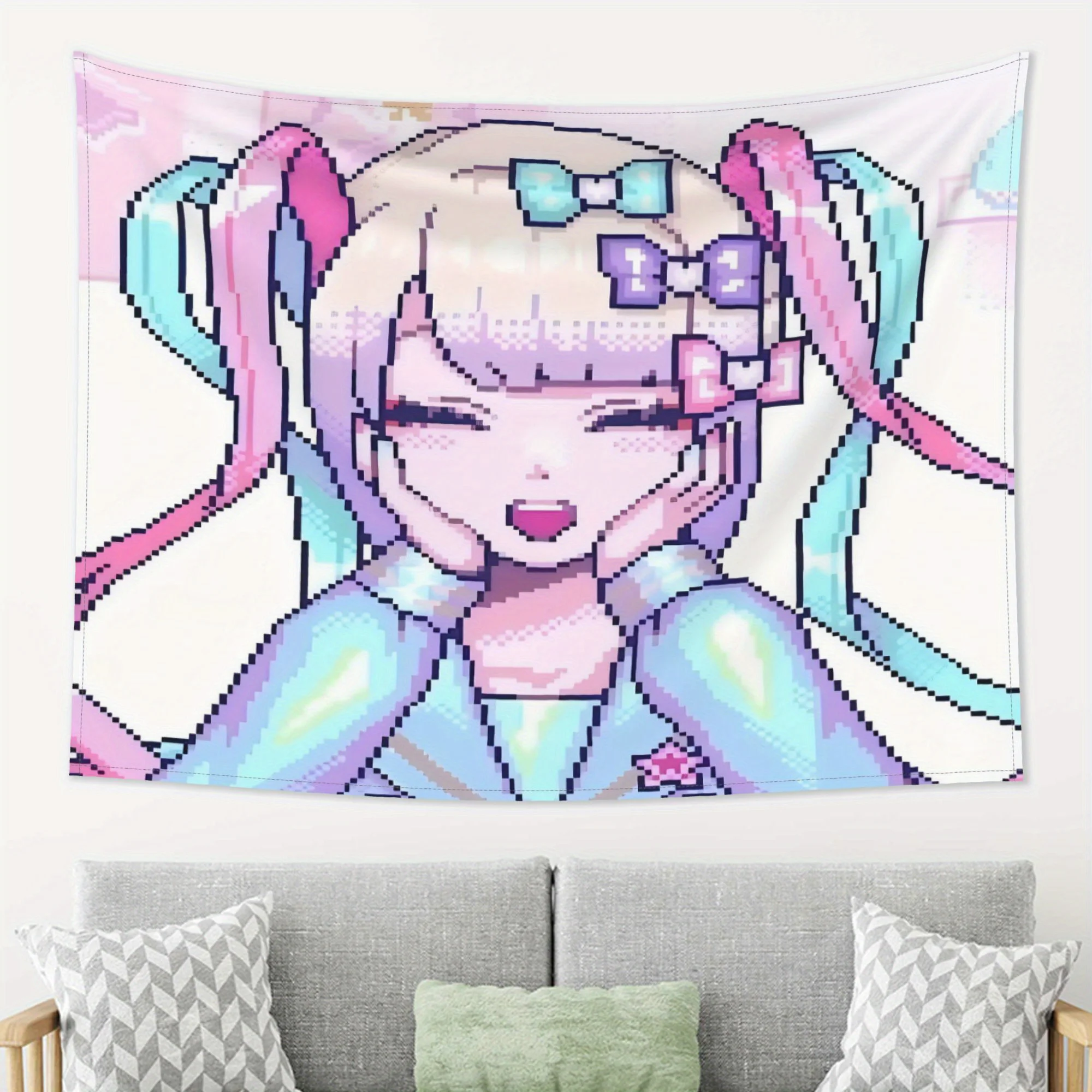 Cute Kangel Nso Tapestry - Stylish Lightweight Polyester Wall Decor, Peach Skin Plush Fabric, Multi-Color Pixel Art Design with