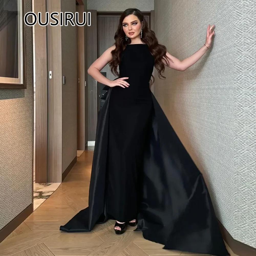 Women's O-neck Satin Formal Evening Bridesmaid Dress with Detachable Court Sexy Sheath Open Back Prom Dubai Dress Customized