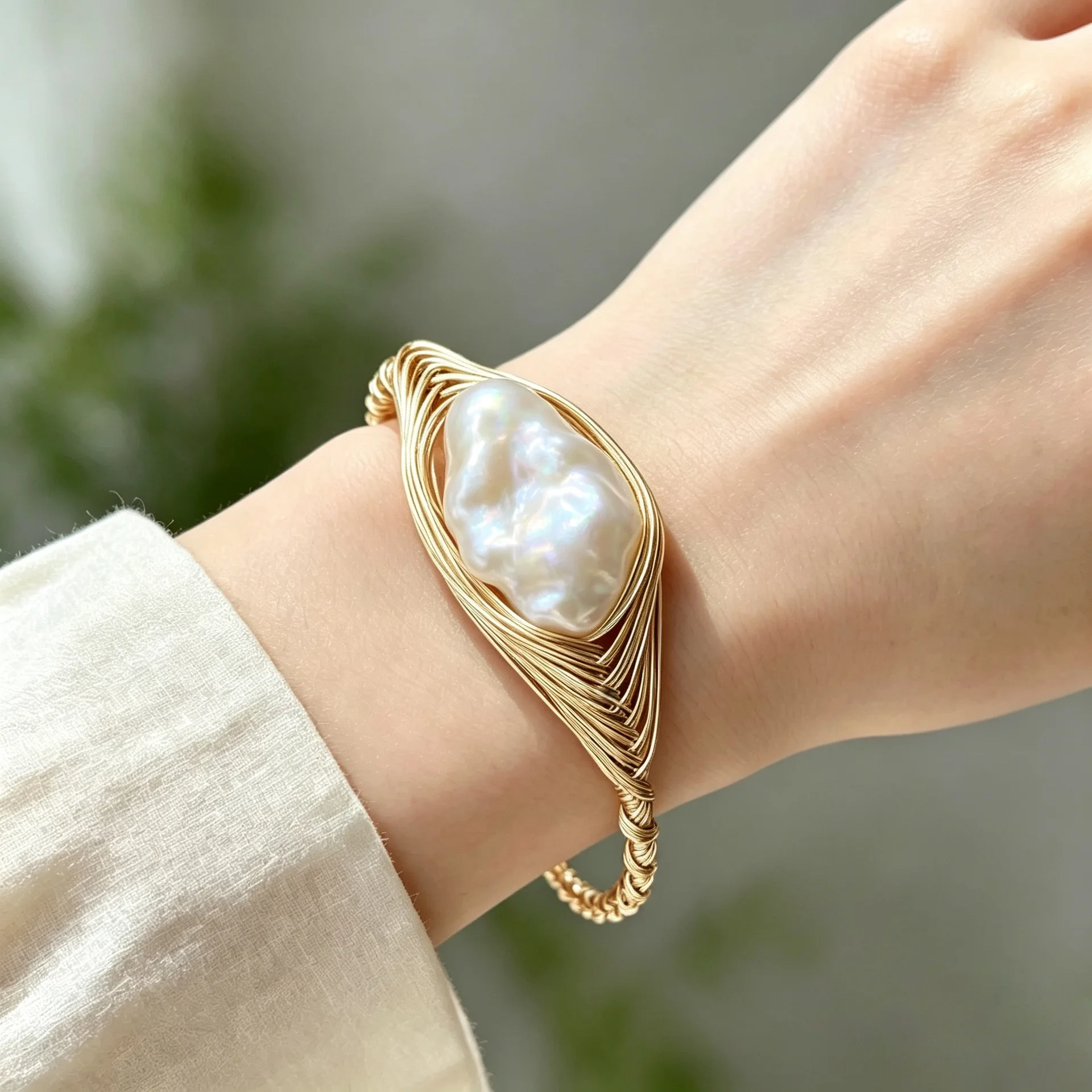 Hand Braided Wire Baroque Freshwater Pearl Adjustable Open Bracelet Ladies Delicate Stylish Daily Dating Banquet Wrist Ornament