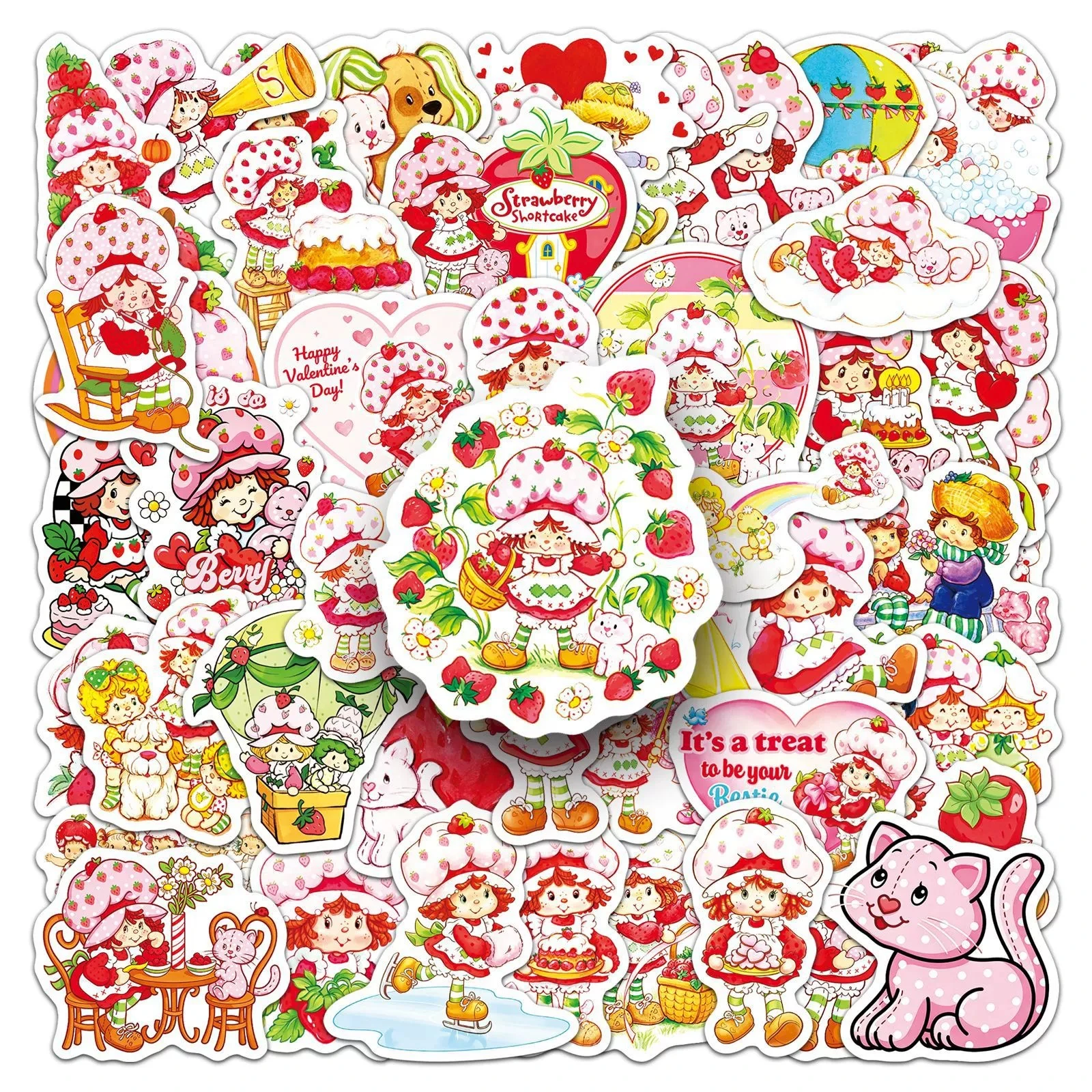 50 autocollants en vinyle imperméables à l'eau, motif dessin animé de gâteau aux fraises, pour ordinateur portable, coque de téléphone, bagages, bouteille d'eau, journal