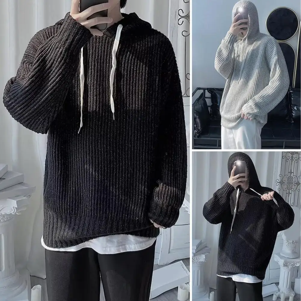 Long Sleeve Elastic Windproof Casual Hooded Pullover Warm Knitted Sweatshirt Knitting Hoodie Daily Clothing