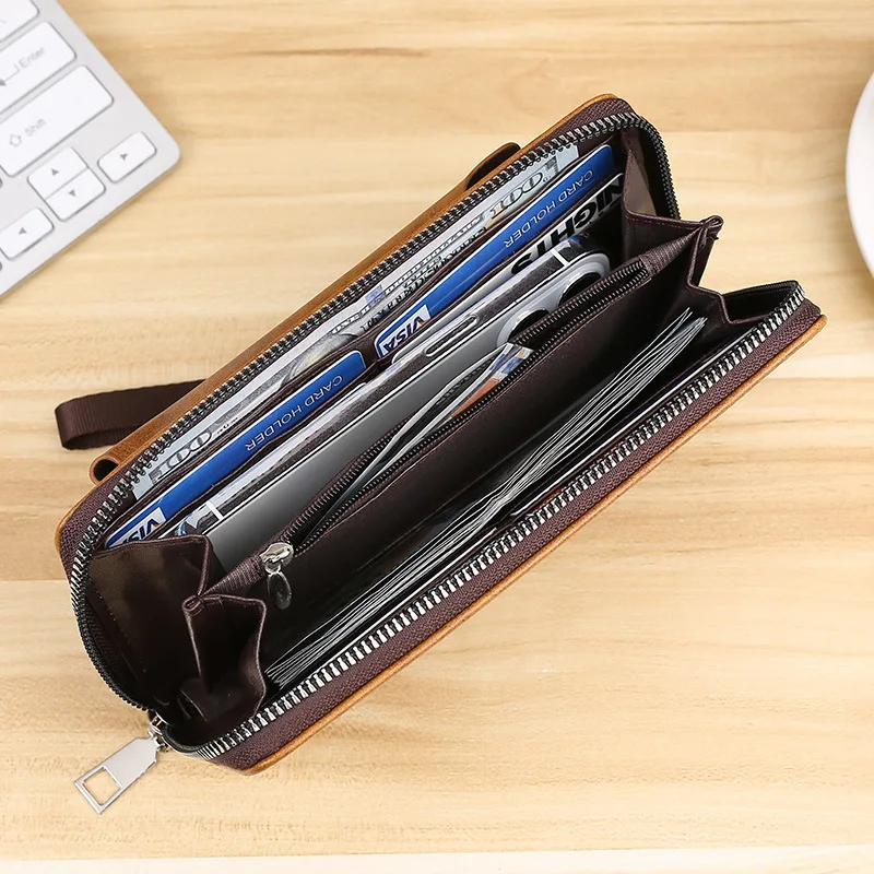 Men Unisex Pu Leather Cell Phone Purse Wallet Handbag Wristlet Pouch Card Bag Business Zipper Multi-Function Purse