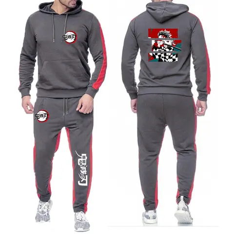 Men's Anime Demon Slayer Sets Casual T-Shirt And Pants Set Male Sports Suit 2 Priece Set Solid Color Tracksuit Loose Suits