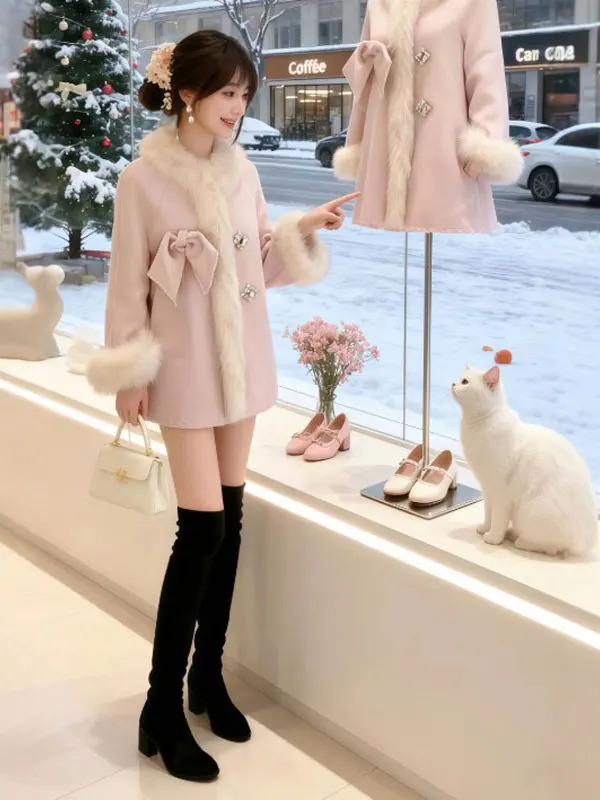 

Pink Woolen Coat Jiangsu anghai Thousand Misses Unique Ele Sle Winter Faion Outerwear Korean Loose Fit Knot