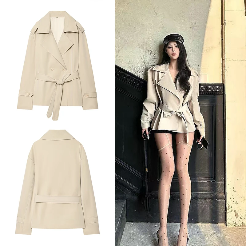 Guobioziy 2026 Autumn Women's Short Trench Coat in Multiple Colors with Notched Collar and Tie Pockets Popular Streetwear