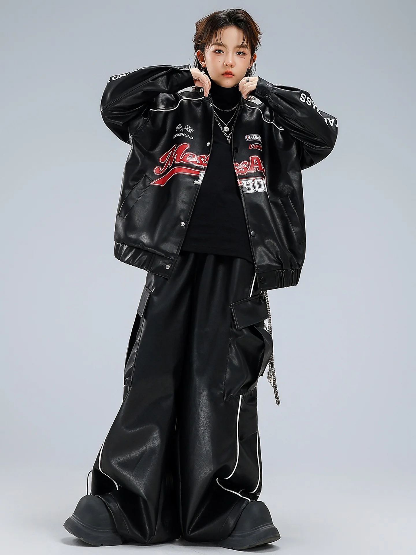 Vêtements Hip Hop Cool pour adolescents, veste en cuir noir, pantalon, tenues de danse de rue amples, spectacle de tambour, Costumes de danse de rupture BL17805