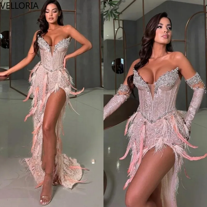 

Gorgeous Strapless Crystal Prom Dresses Elegant Beaded Side Slit Evening Dress Floor Length Feather Party Gown Customized