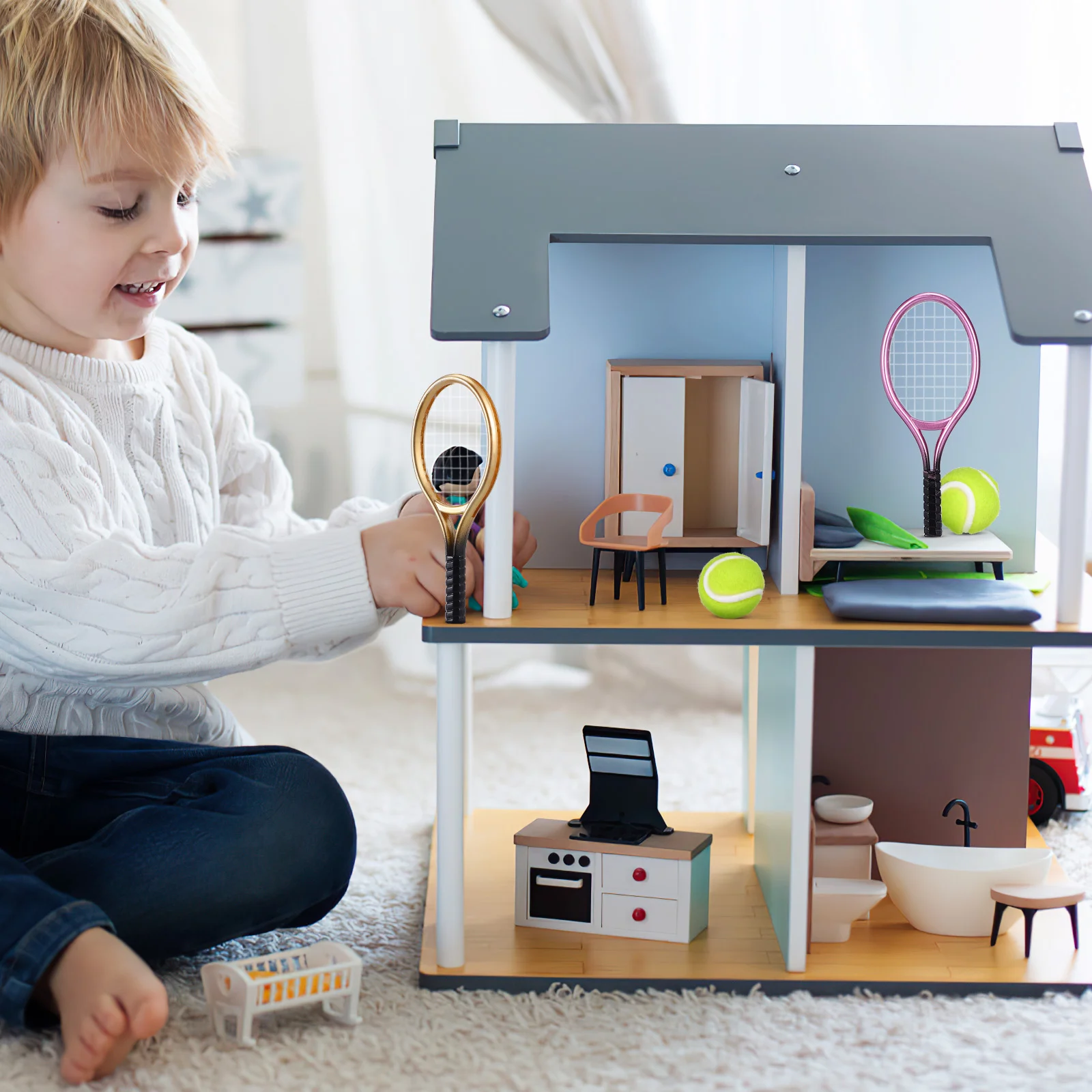 2 juegos de raqueta de tenis, Mini decoración de casa, habitación de juguetes, equipo en miniatura, adorno decorativo de plástico