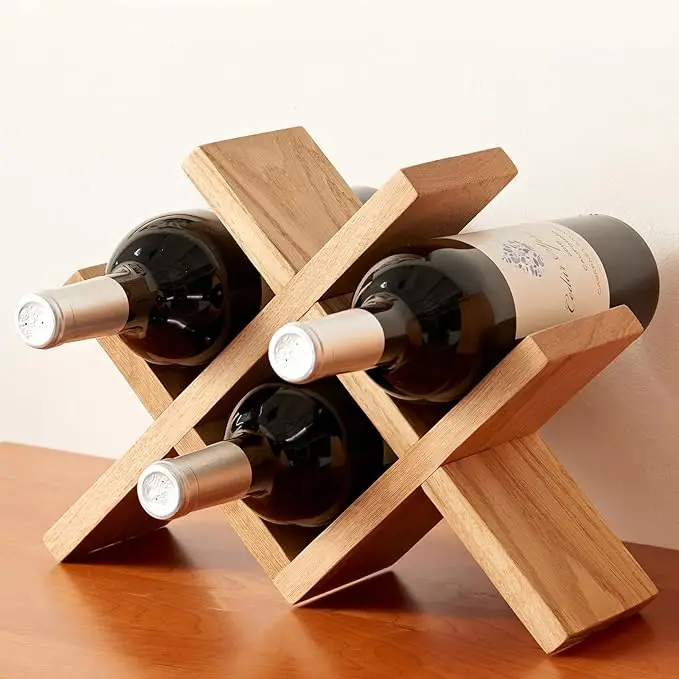 Wine Rack Countertop Oak Wooden Bottle Holder Rustic Free Standing Storage Racks Tabletop Hutches and Display Cabinets (Natural)