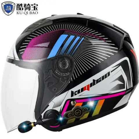 오토바이 헬멧 내장 블루투스 이어폰, 하프 페이스, DOT 인증, 블랙 렌즈, 모토 전기 모터바이크