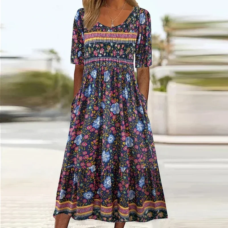 2024 Vintage Boho Stripe Print Women Sundress Summer Fashion V-Neck Short Sleeve Dress Elegant Ladies Midi Dress Femme Vestidos