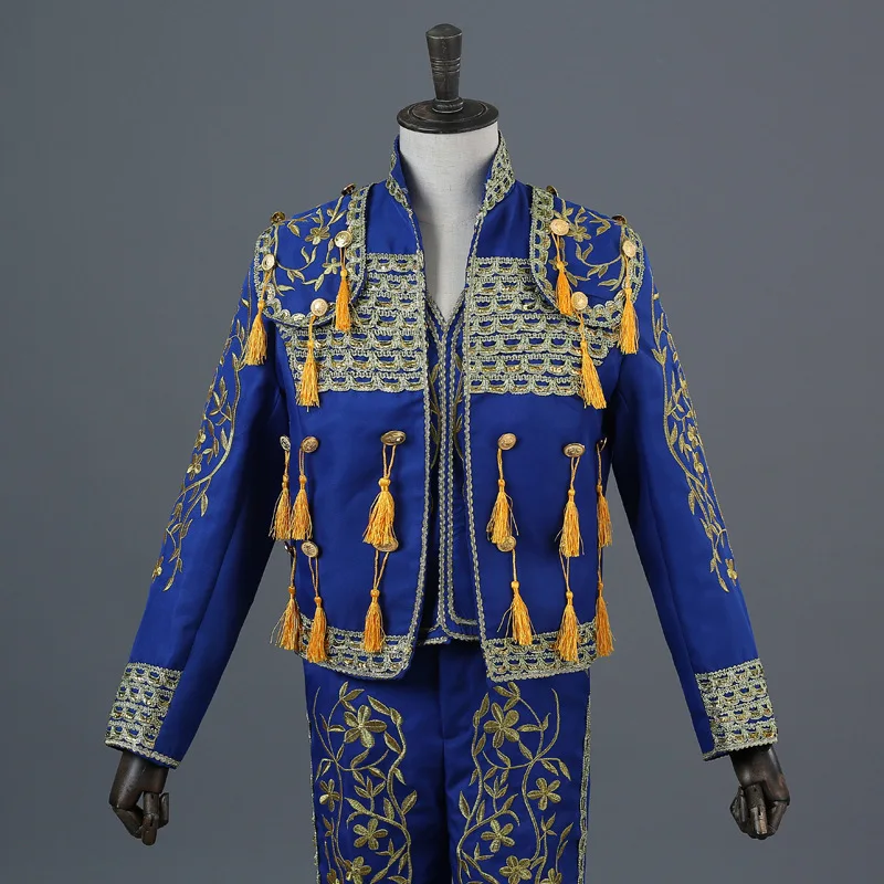 Men\'s Stage Costume Spanish Matador European Court Costume Men Black Gold Red Blue Embroidered Three-piece Suit Set with Tassel