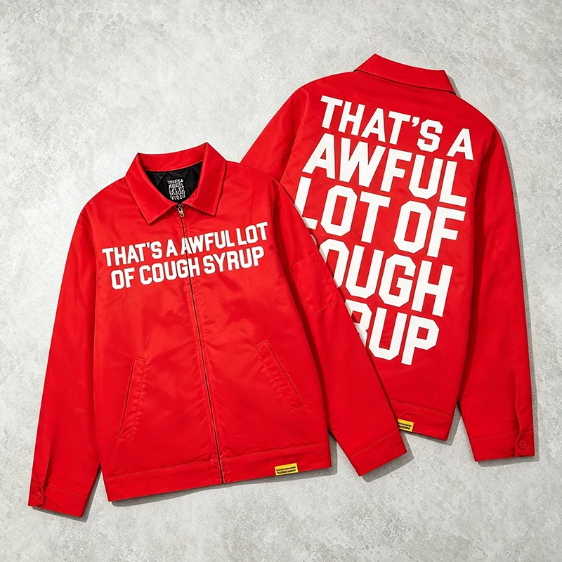 2026 New That's A Awful Lot of Cough Syrup Unisex Oversized Street Collared Jacket Front Big Letter Graphic Hip‑Hop Outerwear