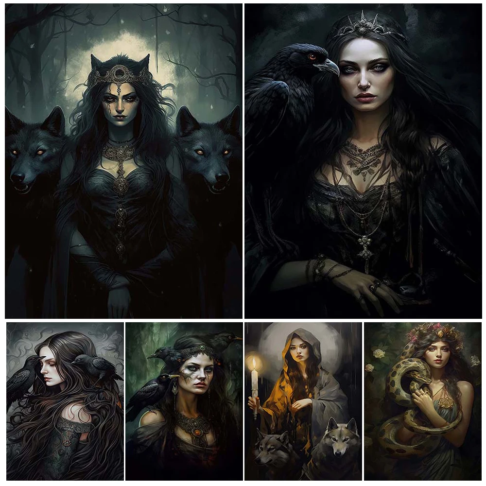 Dark Goddess Hecate Witch Greek Mythology Vintage Wall Art Canvas Painting Dark Crow Witch And Medusa Art Poster Print Decor