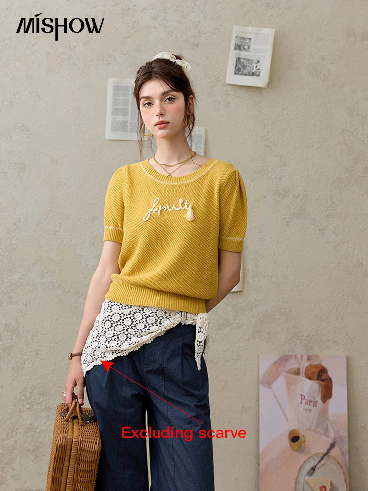 MISHOW Franse Gebreide Trui Vrouwen Zomer 2025 Brief Korte Mouw Ronde Hals Afslanken Trui Vrouwelijke Mode MXE33Z1219