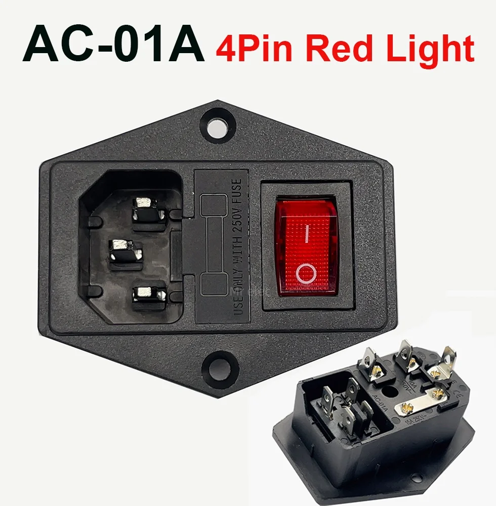 AC-01A With 10A Fuse! Red Yellow Green Blue Black Rocker Switch Fused C14 IEC320 Inlet Power Socket Fuse Switch Connector AS-10