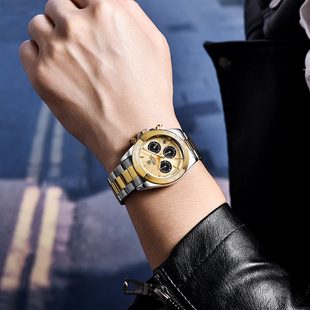 BENYAR ساعة عصرية فاخرة رياضية مضيئة متعددة الوظائف رمز التوقيت ساعة ستانلس ستيل مقاومة للماء عسكرية للرجال