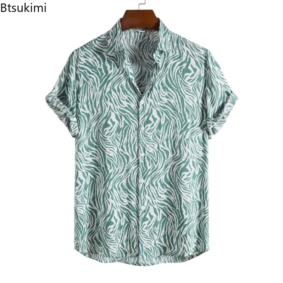 2024 Heren Casual Korte Mouwen Shirt Tops Mode Harajuku Hawaiian Strandblouses Persoonlijkheid Print Knoop Revers Vakantie Shirts