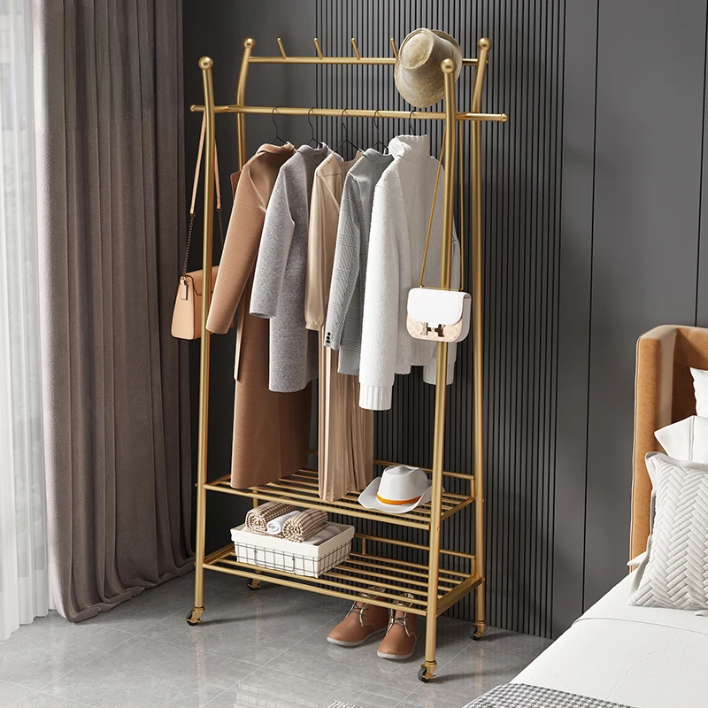 Clothes Rack Coat Rack Floor Portable Simple Bedroom Light Luxury Household with Wheels