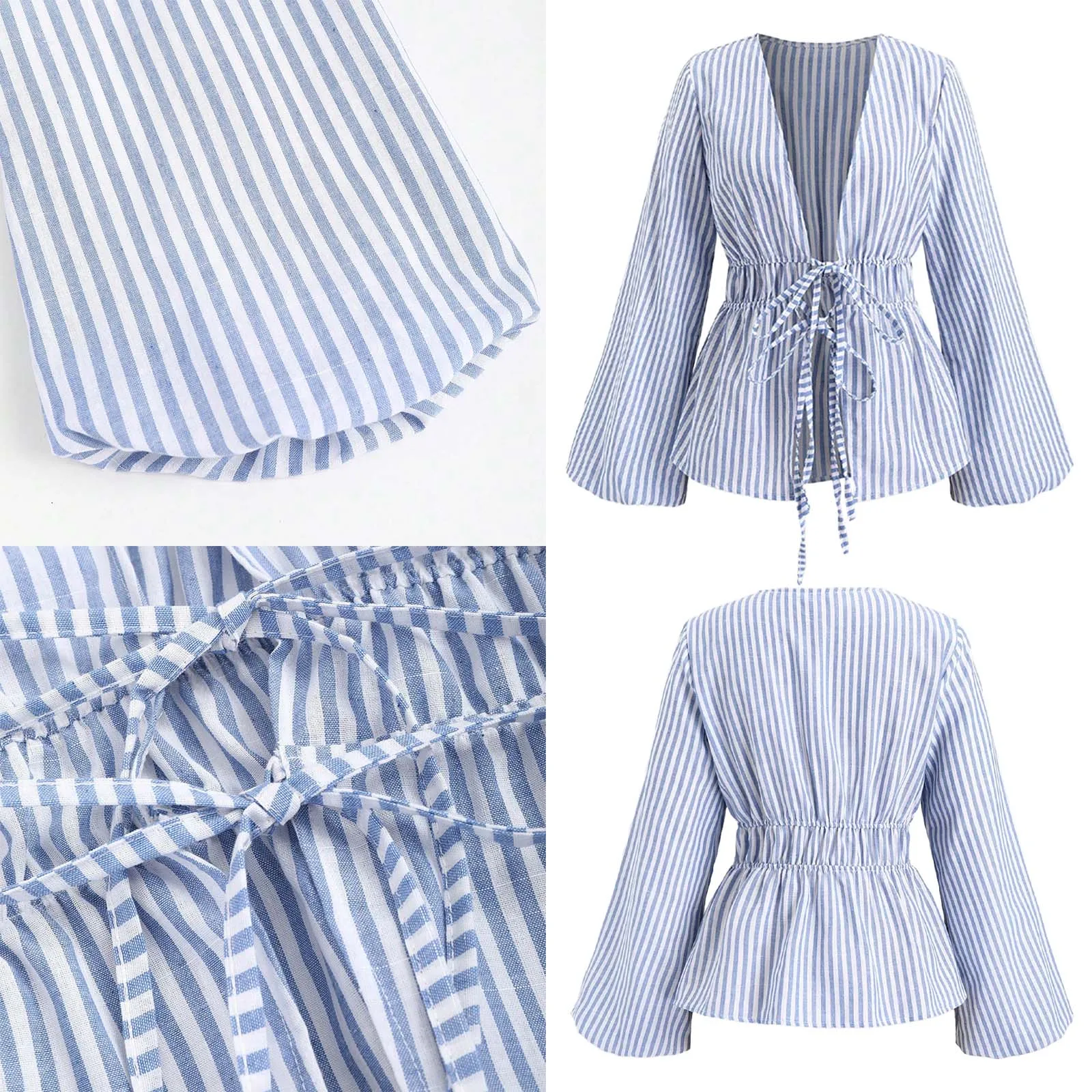# S-XL Camisa con cordones a rayas para mujer, parte superior abierta con doble atado, manga larga, cuello en V, cárdigan versátil