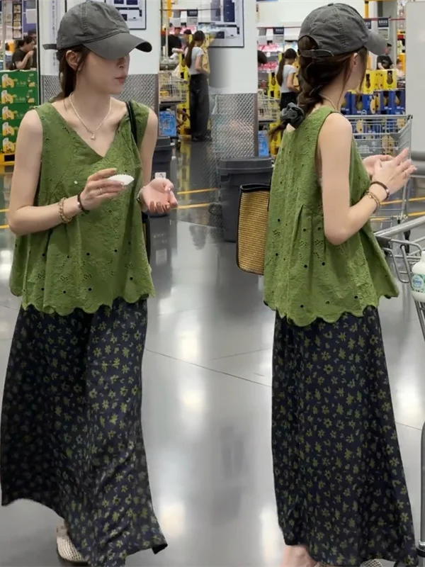 

Summer Green V-Neck Embroidered Lace Hollow out Top Women's Fashion Vest Set with Floral Half Skirt Elegant Casual Outfit