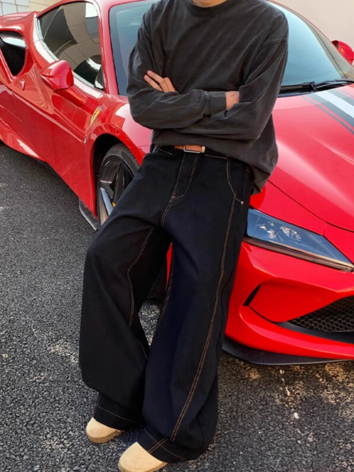 

American Sle Denim Bule Workwear Jeans Men's Spring Autumn Cleanfit Scythe Loose Straight Leg Wide Leg Pants