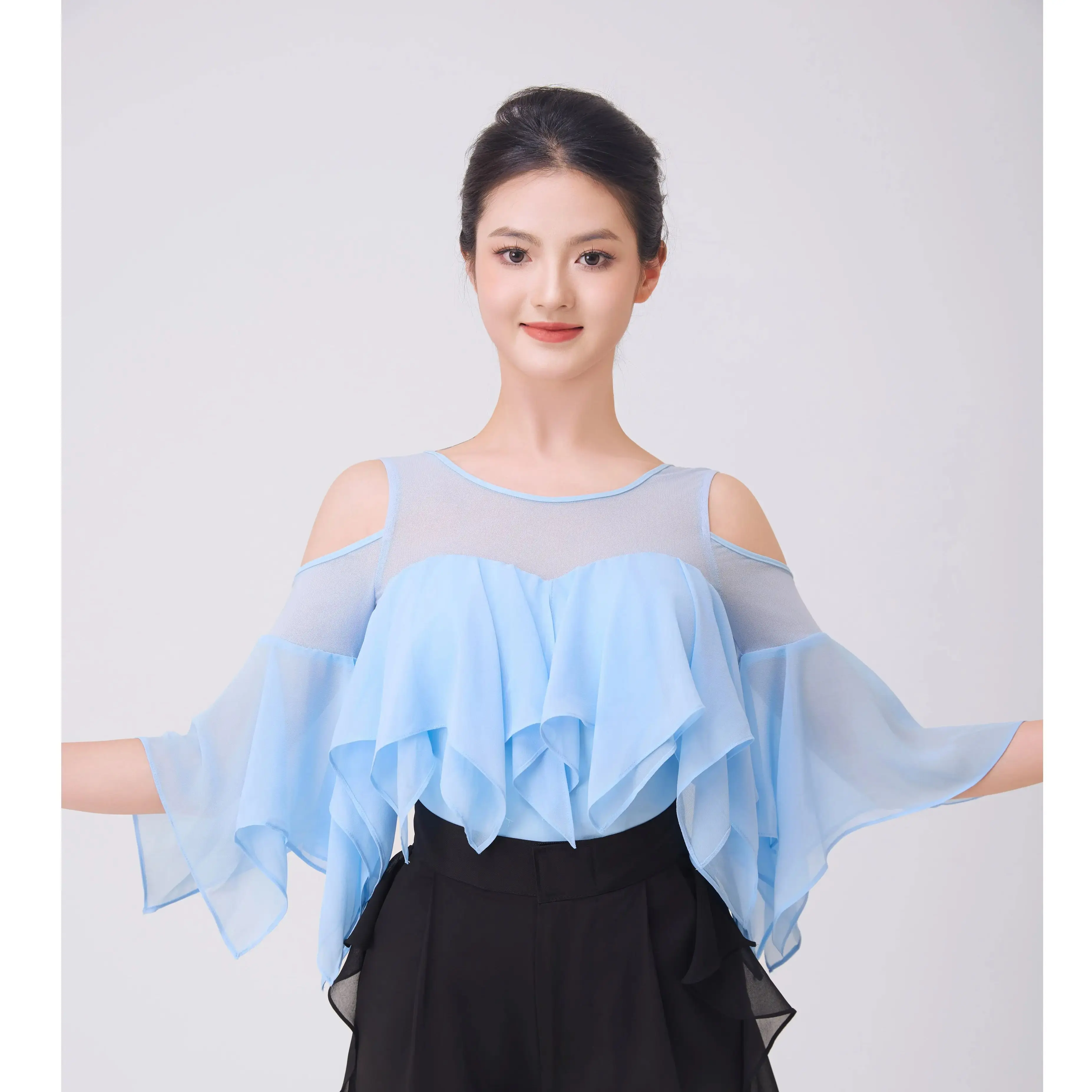 

2026 Women Modern Dance Off Shoulder Ruffled Top Waltz National Standard Dance Practice Clothing Latin Dance Clothes DN22944