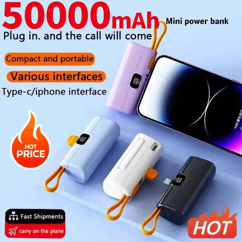 New 50000mAh Mini Power Bank Built in Cable PowerBank Digital display External Battery Portable Charger For iPhone Samsung