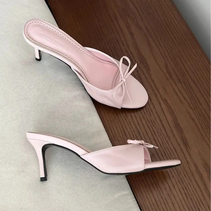 Satin Butterfly-knot Women Slippers Fashion Polka Dot Party Dress Slides Thin High Heel Ladies Elegant Slides Pump