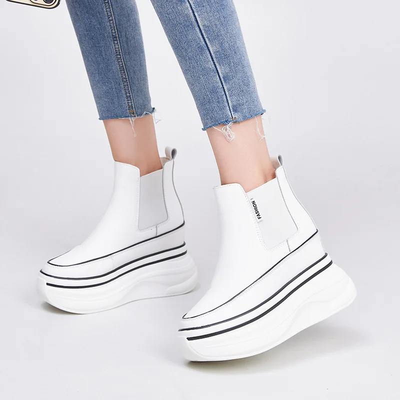 10cm ROME Genuine Leather Support Stable Chelsea Booties Women Autumn Ankle Motorcycle Elastic Spring Ladies Shoes
