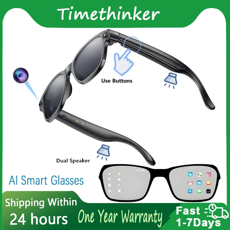 

Timethinker Smart Glasses Recording Videos AI Photo Recognition Answer Translation 270mAh IP65 Waterproof Bluetooth5.4 Glasses
