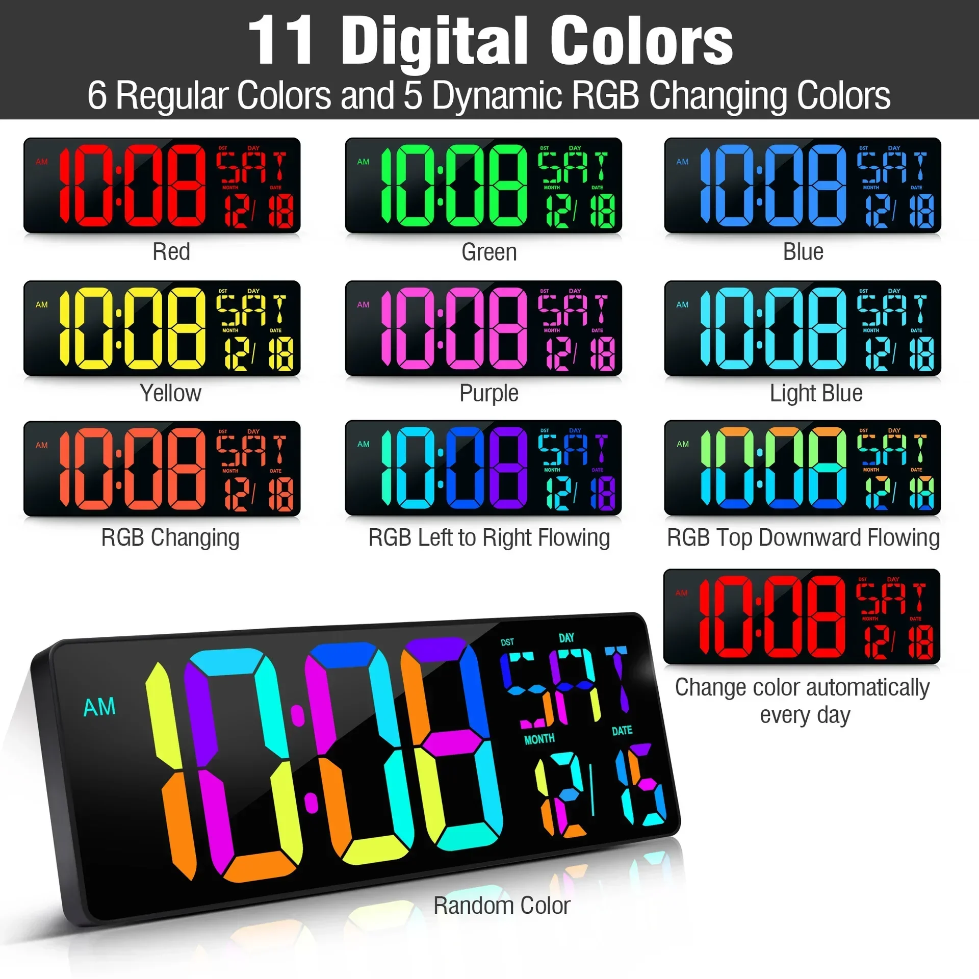 

Digital Wall Clock,Large Alarm Clock Remote Control Date Week Temperature Clock Dual Alarms LED Display Clock Living Room,RGB