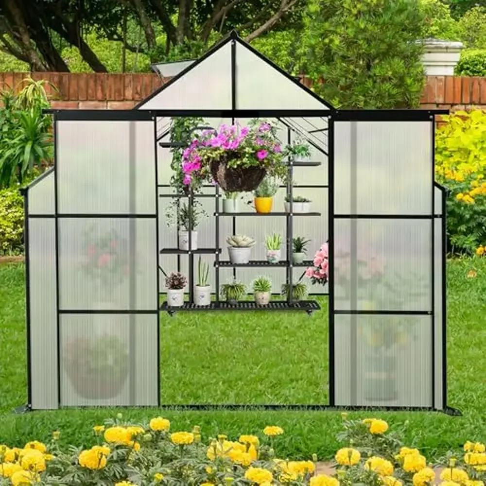 

Heavy Duty Aluminum Greenhouse 8x10 ft Outdoors with Drainage System Walk-in Galvanized Base All-Season Gardening & Plant