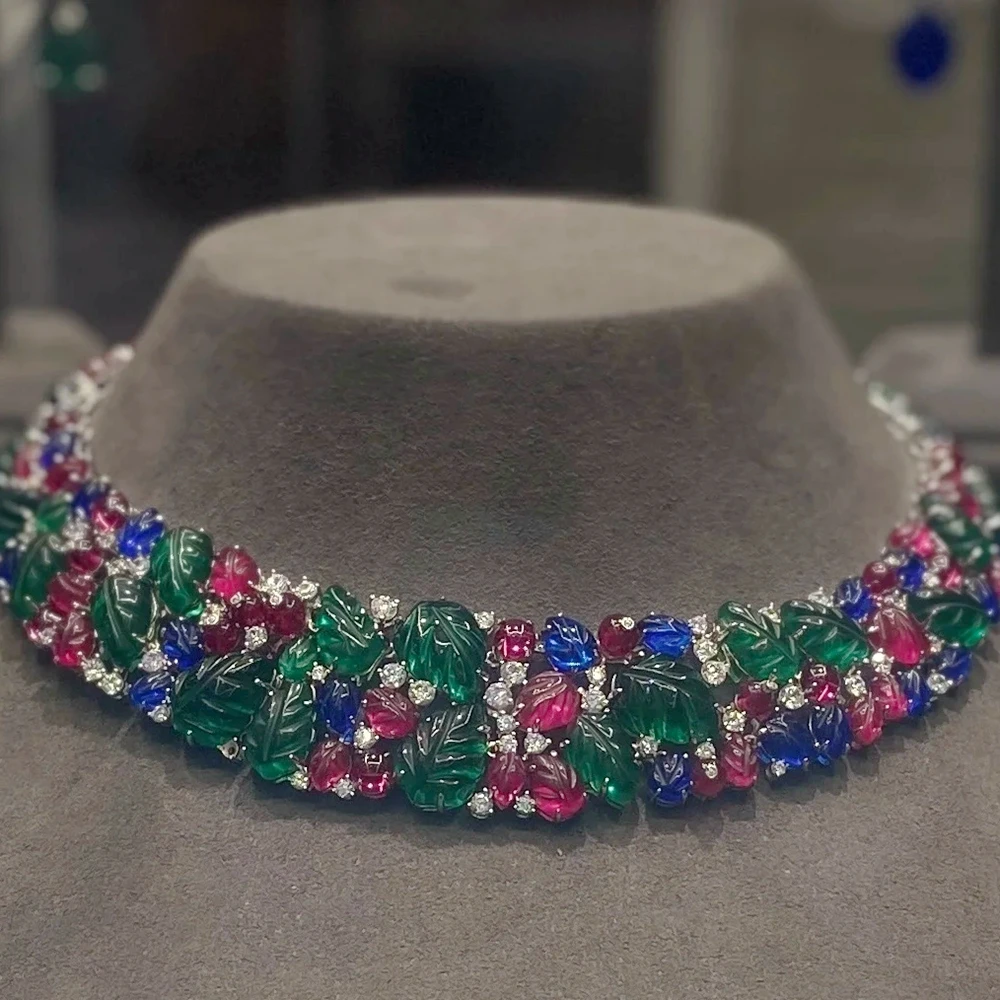 KQDANCE  Luxury Wide Solid 925 Silver Carbon Diamond Carving Red Green Blue Gemstone Leaf Colorful Fruit Necklaces Fine Jewelry