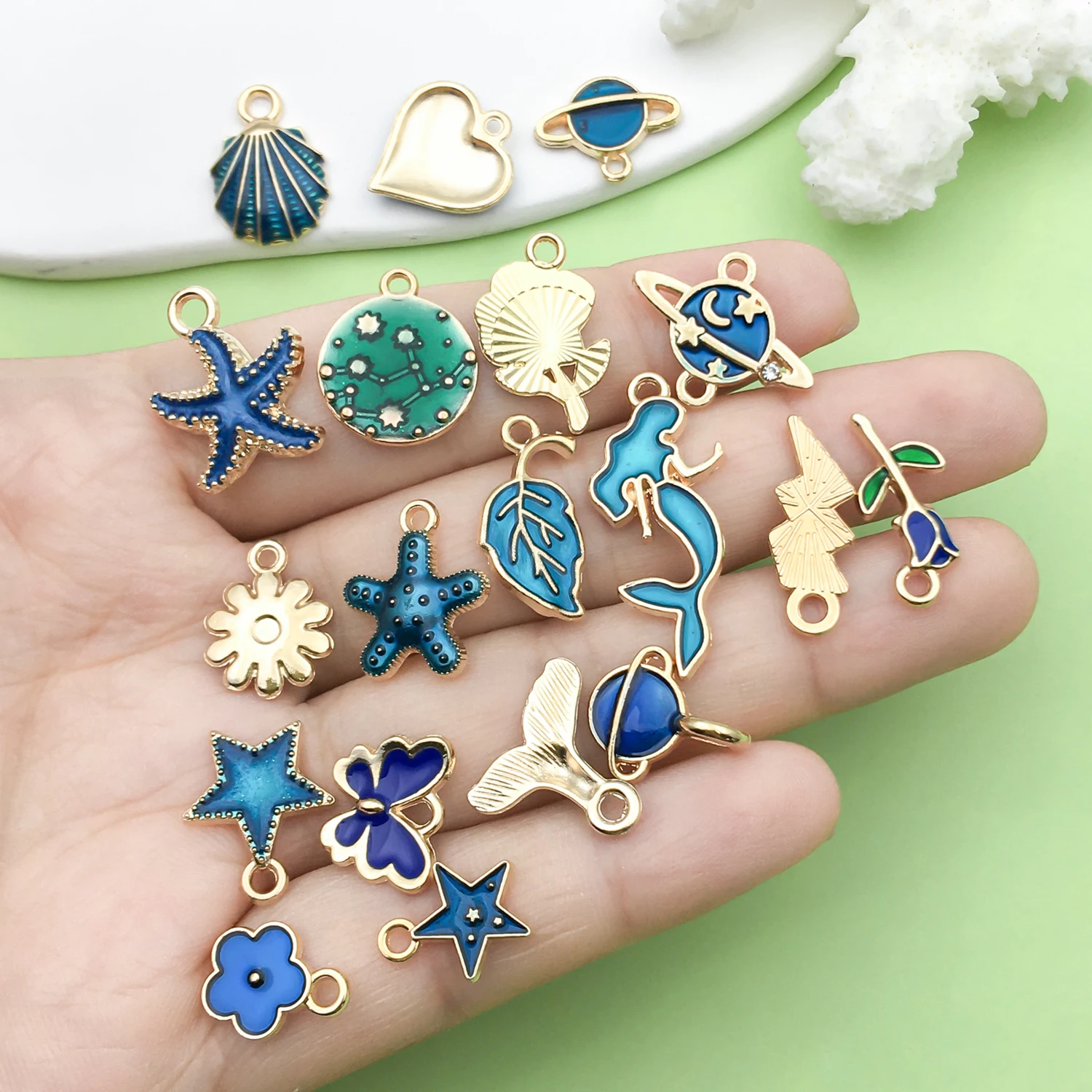 20pcs Dark Blue Enamel Charms Alloy Star, Flowers, Heart Pendants for DIY Bracelet Necklace Jewelry Making Accessories
